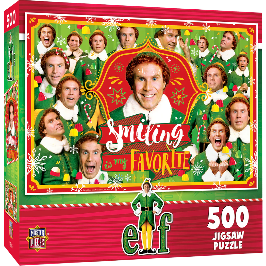 Colorful 500-piece puzzle box featuring multiple expressions of Buddy the Elf from the holiday movie puzzle collection