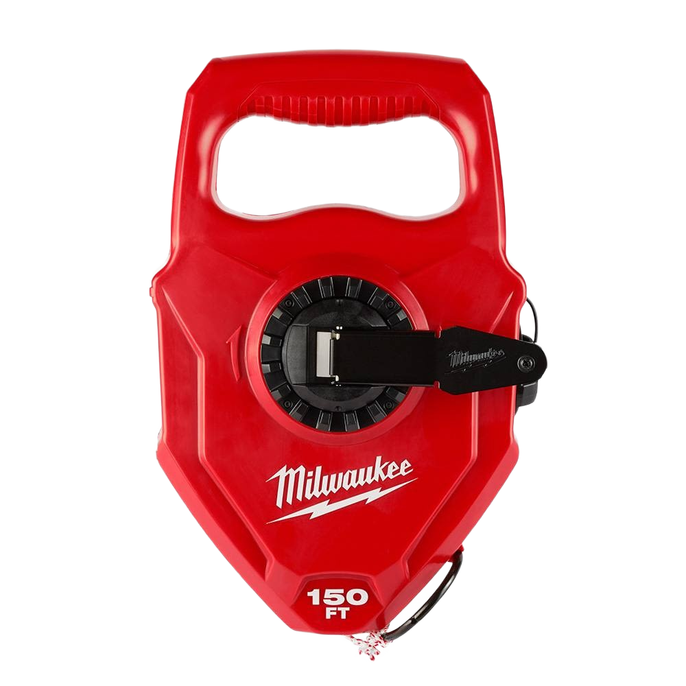 Red Milwaukee chalk reel with large capacity and durable handle for woodworking and measuring tools collections