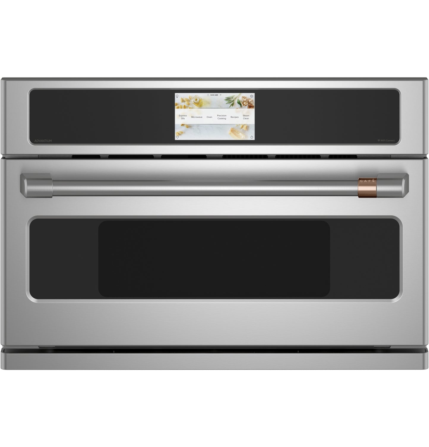 Front view of stainless steel speed cook oven with digital display, part of wall ovens and kitchen appliances collections