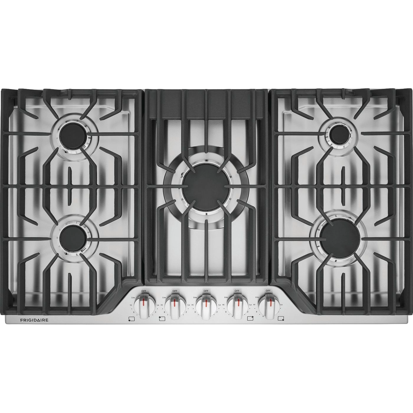 Stainless steel 36 inch gas cooktop with five burners and continuous edge-to-edge grates in kitchen appliances collection