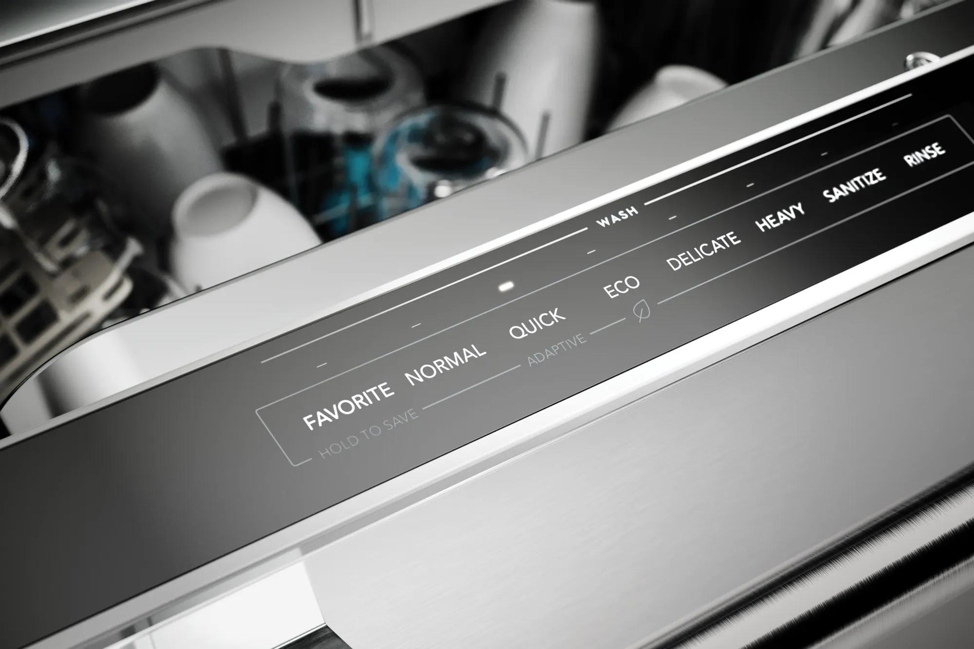 Close-up of stainless steel dishwasher control panel with cycle options including Favorite, Normal, Quick, Eco, Delicate, Heavy, Sanitize, and Rinse
