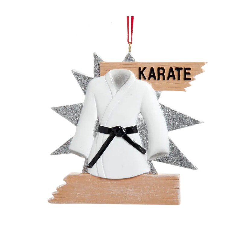 White karate uniform with black belt ornament on silver glitter star, Christmas tree decoration under $50 collections