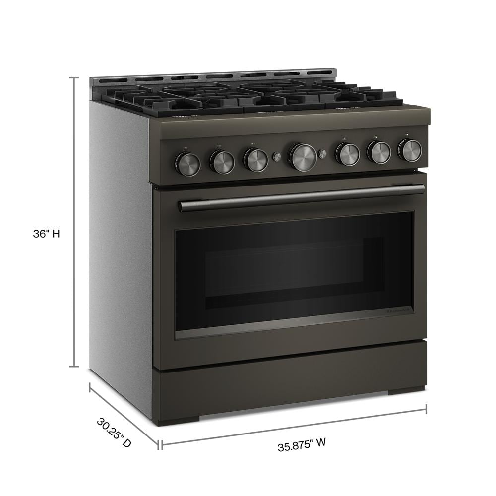 36-inch commercial-style gas range with six burners and bronze-colored metal control knobs in kitchen appliance collection