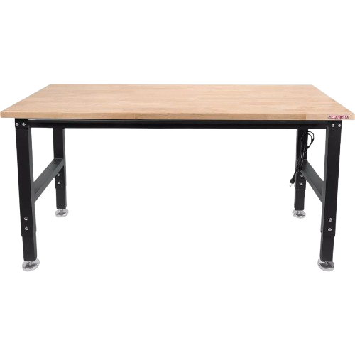 Heavy-duty adjustable workbench with solid wood top and black metal legs, ideal for garage storage and workshop use