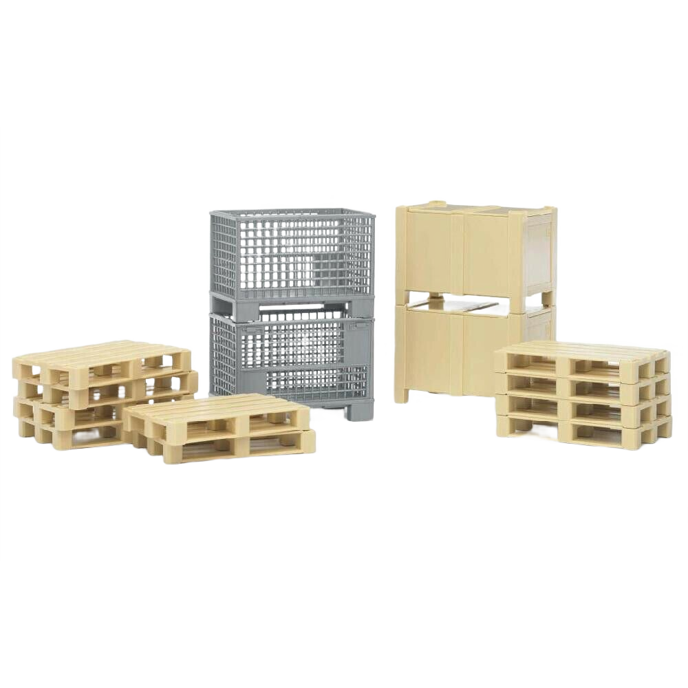 Set of beige pallets and stackable gray and beige crates for miniature logistics and transportation play sets