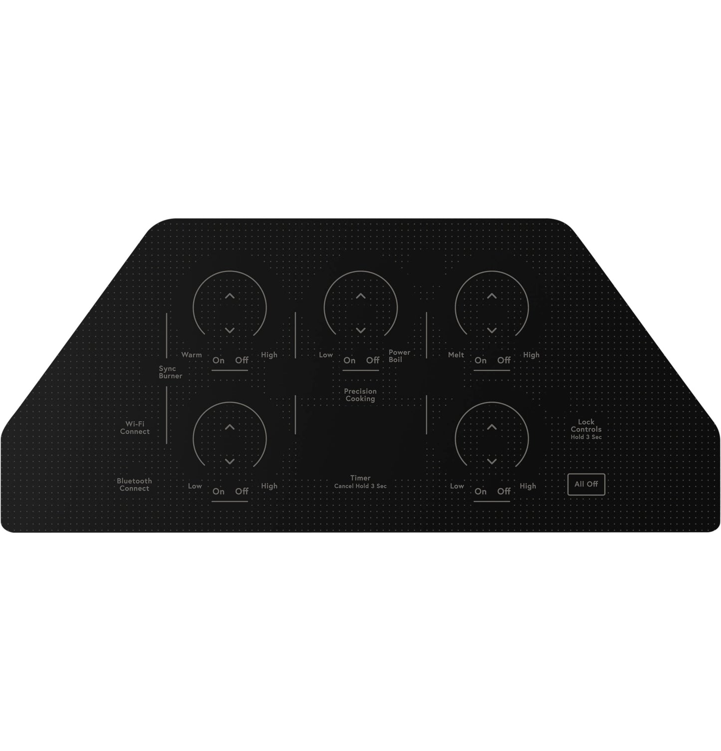 Black electric cooktop with six touch-control radiant heating zones in appliances and kitchenware collection