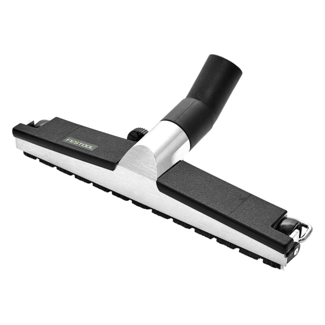 Aluminum industrial floor nozzle with black plastic edges designed for dust collection in woodworking and shop vacuums
