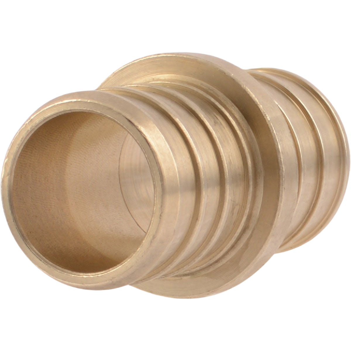 Brass coupling with dual barbed ends for connecting 3/4 inch PEX tubing in plumbing and pipes fittings collections