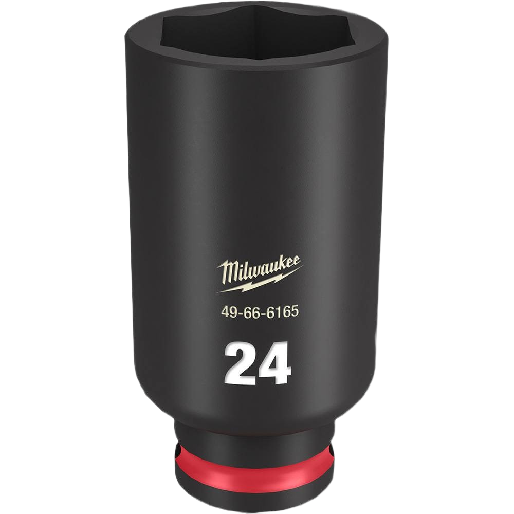 Milwaukee 24-mm deep impact socket with 3/8" drive, 6-point non-slip design for heavy-duty hand tool use