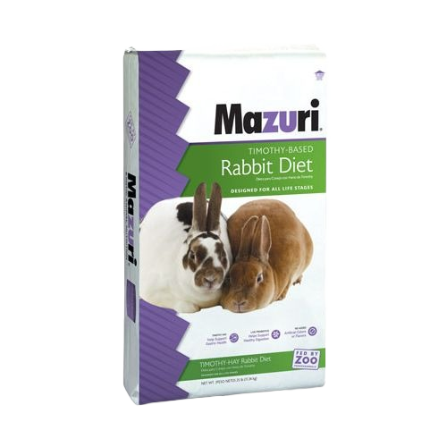 Bag of Purina Mazuri Timothy-based rabbit diet featuring a white and brown rabbit on packaging for pet care.