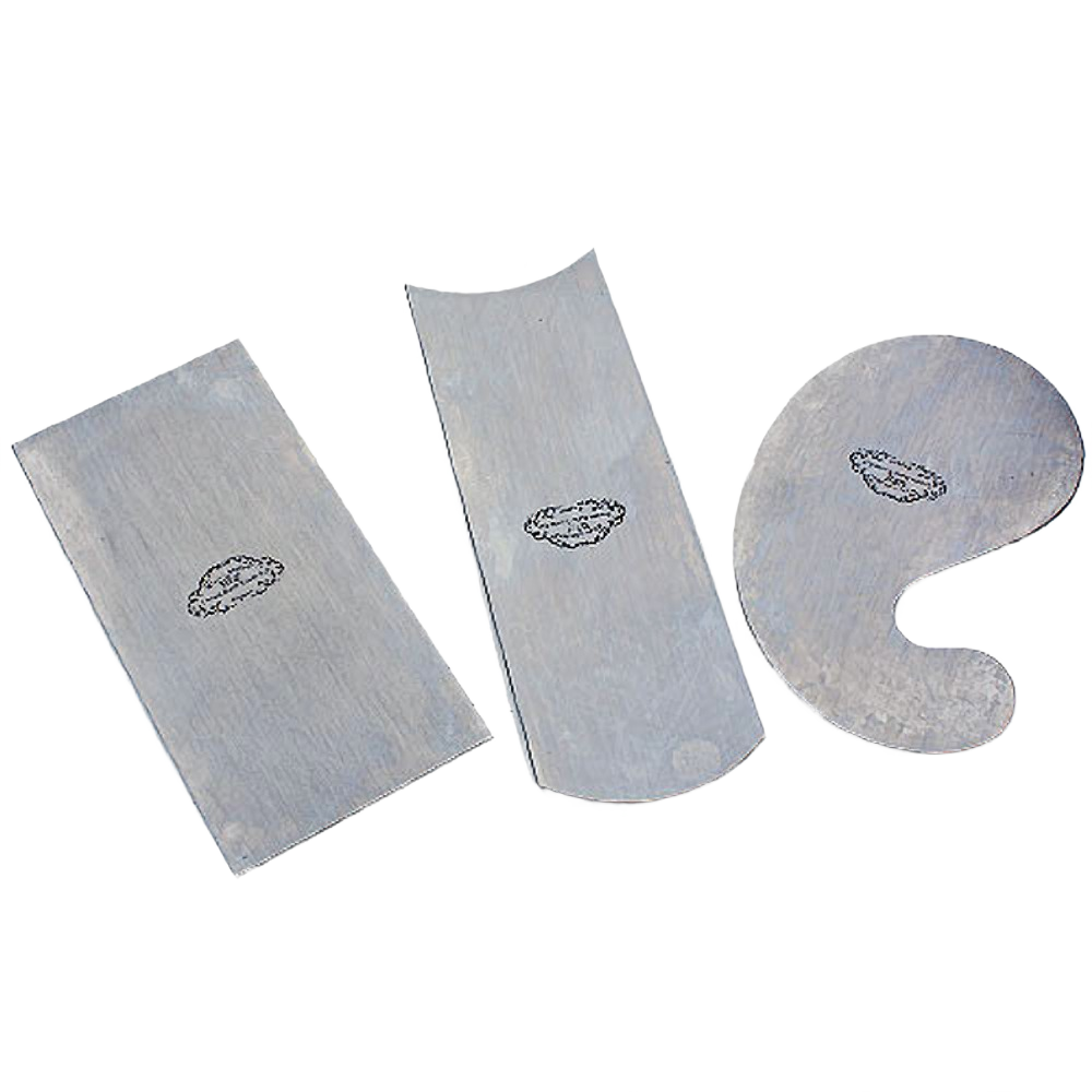 Set of three metal cabinet scrapers with different edges for smoothing and refinishing wood surfaces in home improvement projects