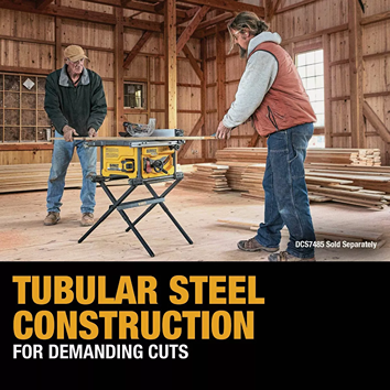 Two men using a yellow table saw on a tubular steel folding stand in a wooden workshop for home improvement tasks