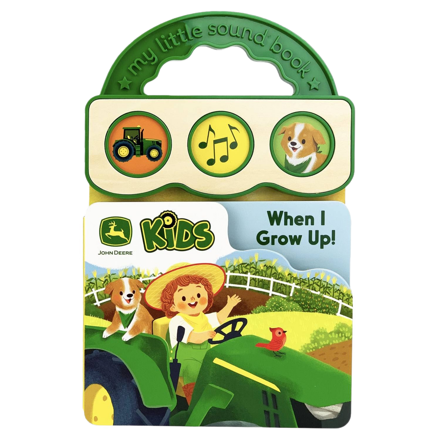 Children’s sound book with John Deere tractor, farm dog, and music notes in a green carrying case for kids.