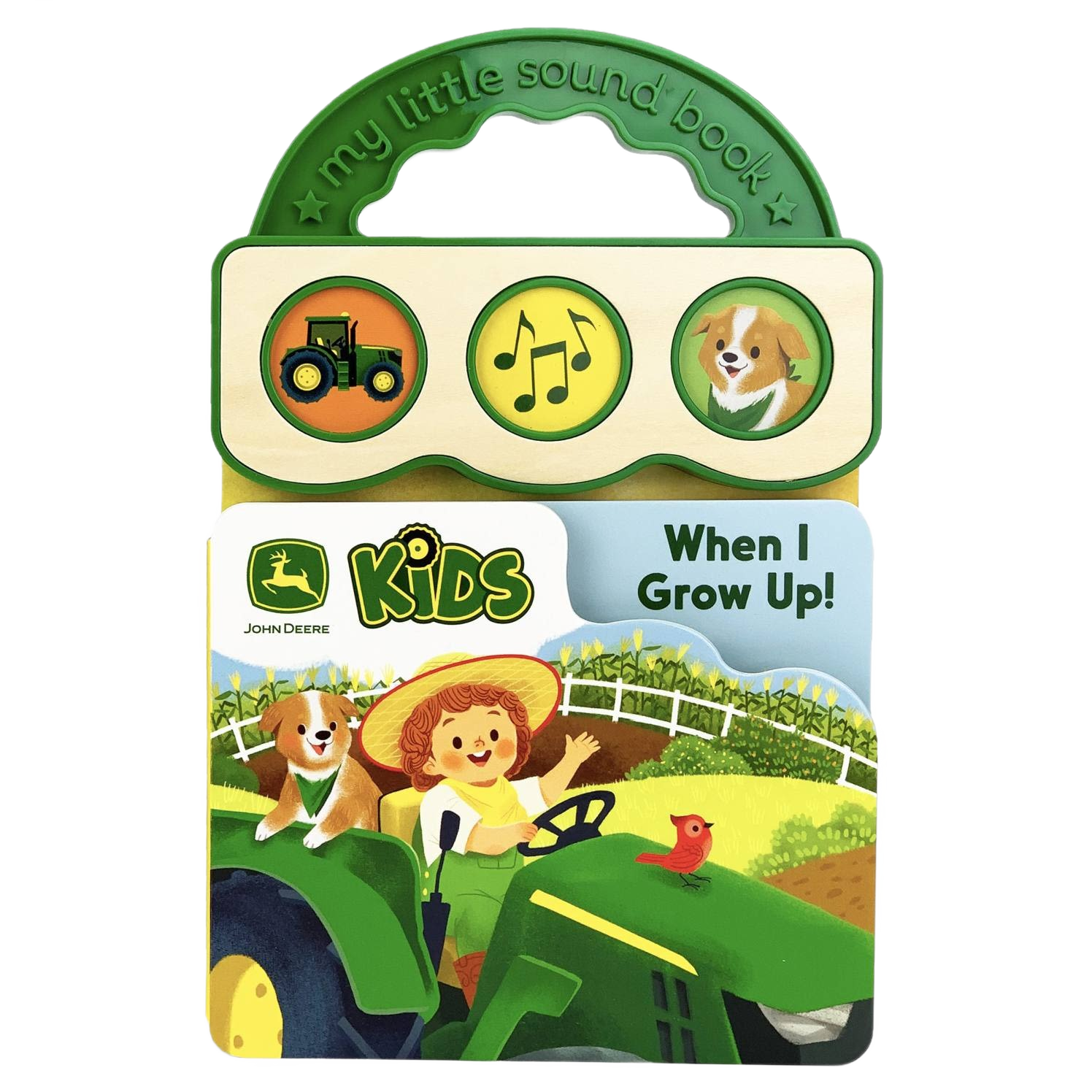 Children’s sound book with John Deere tractor, farm dog, and music notes in a green carrying case for kids.