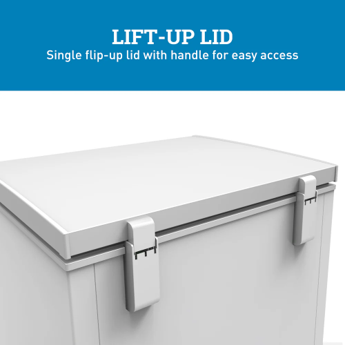 White chest freezer with single flip-up lid and handle for convenient garage-ready appliance access