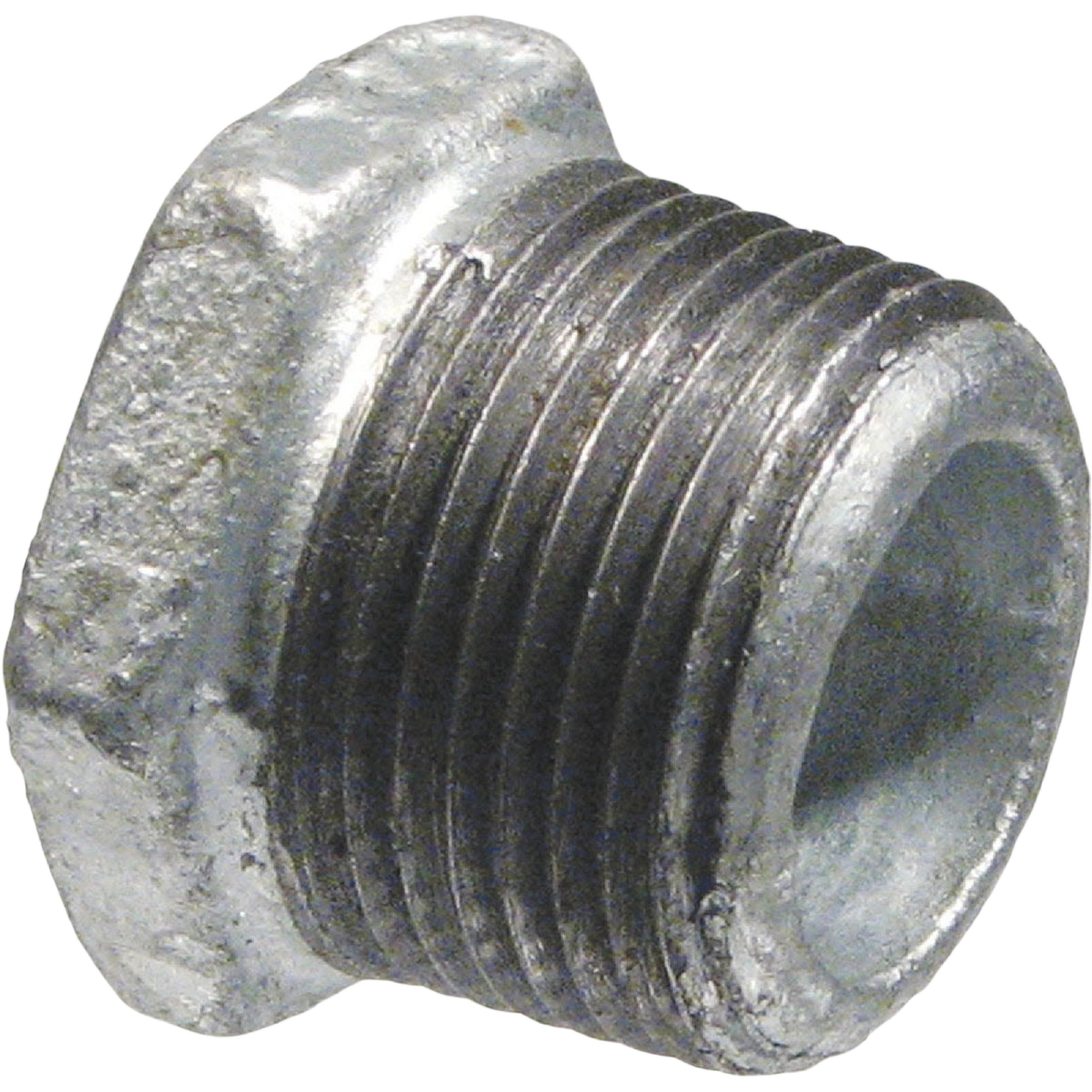Galvanized steel hexagonal bushing with threaded body for plumbing and home improvement applications