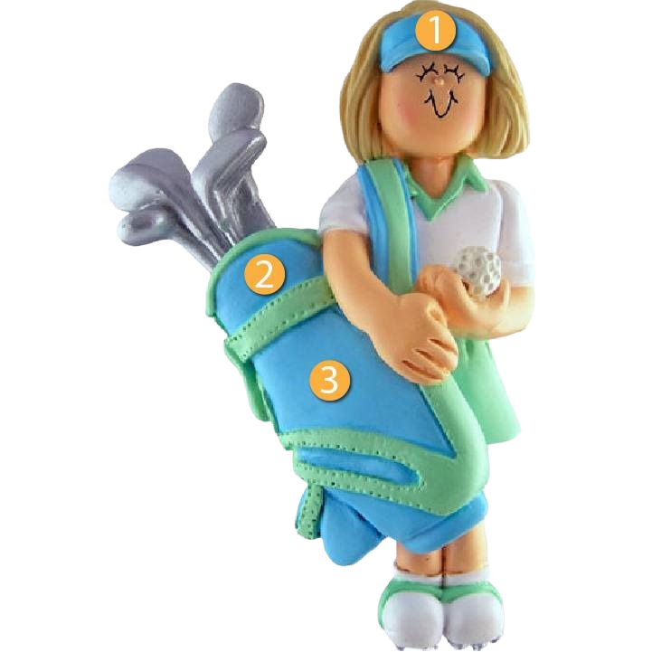 Personalized blonde female golfer ornament wearing visor and carrying blue and green golf bag from Christmas collection