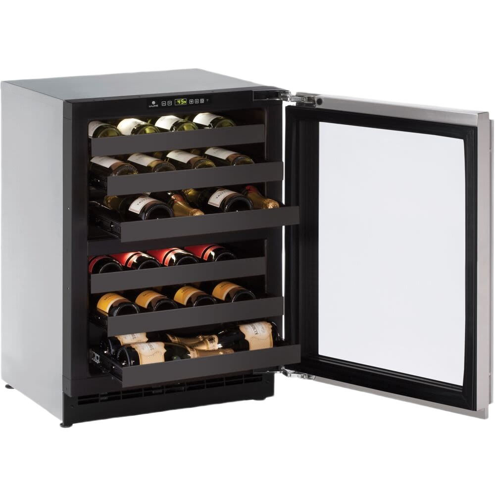 Open black dual zone wine refrigerator with reversible hinge and wooden shelves storing bottles in kitchen appliances collection