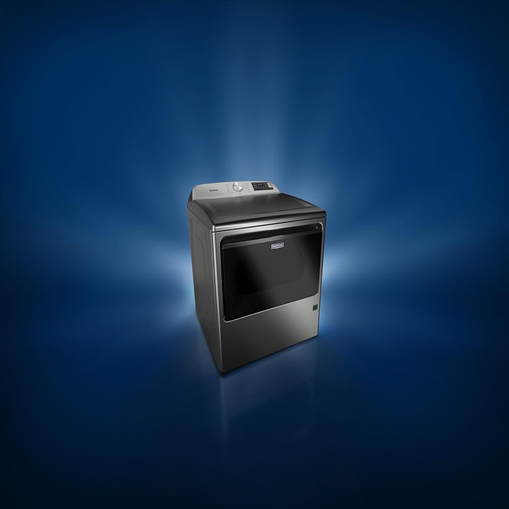 Modern top load gas dryer with digital control panel shown against blue gradient background from Dryers collection