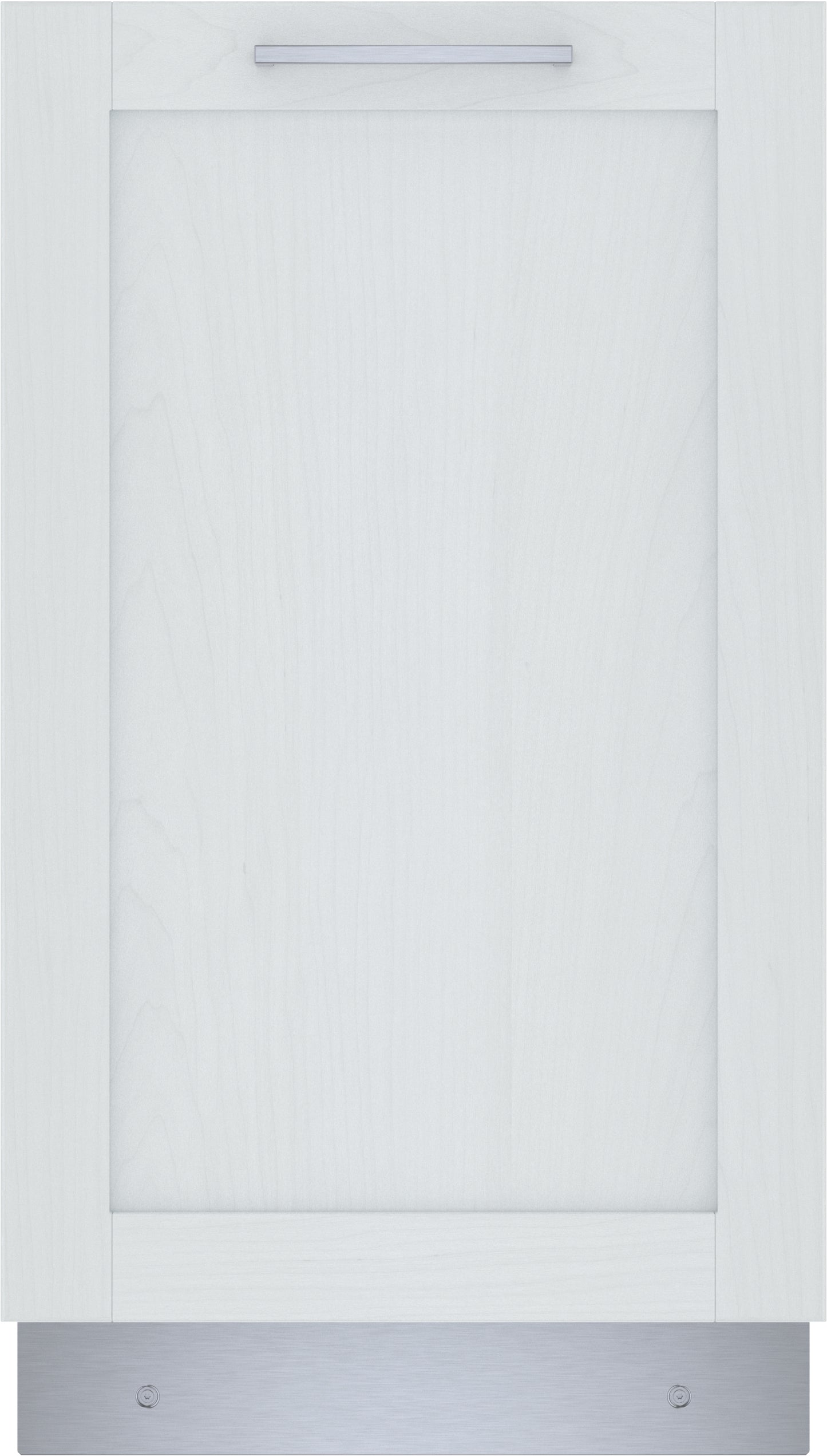 Built-in dishwasher front panel with white wood finish and horizontal stainless steel handle in Kitchen & Kitchenware collections