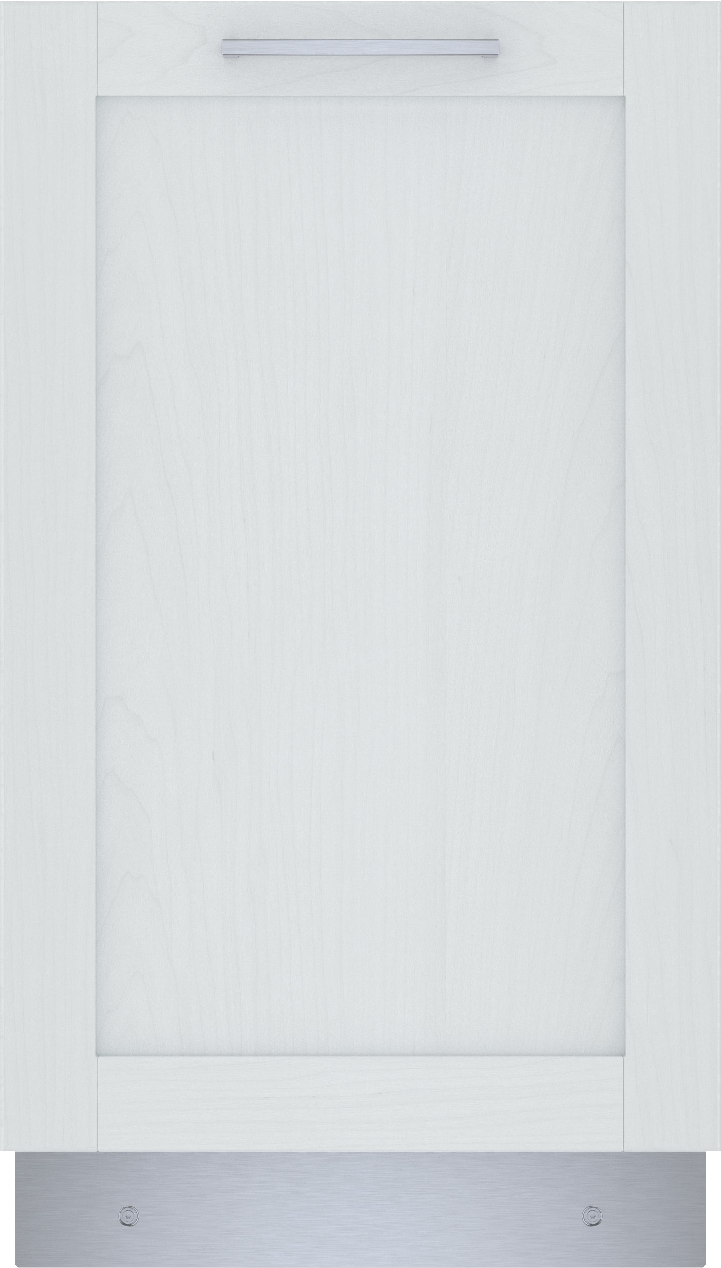 Built-in dishwasher front panel with white wood finish and horizontal stainless steel handle in Kitchen & Kitchenware collections