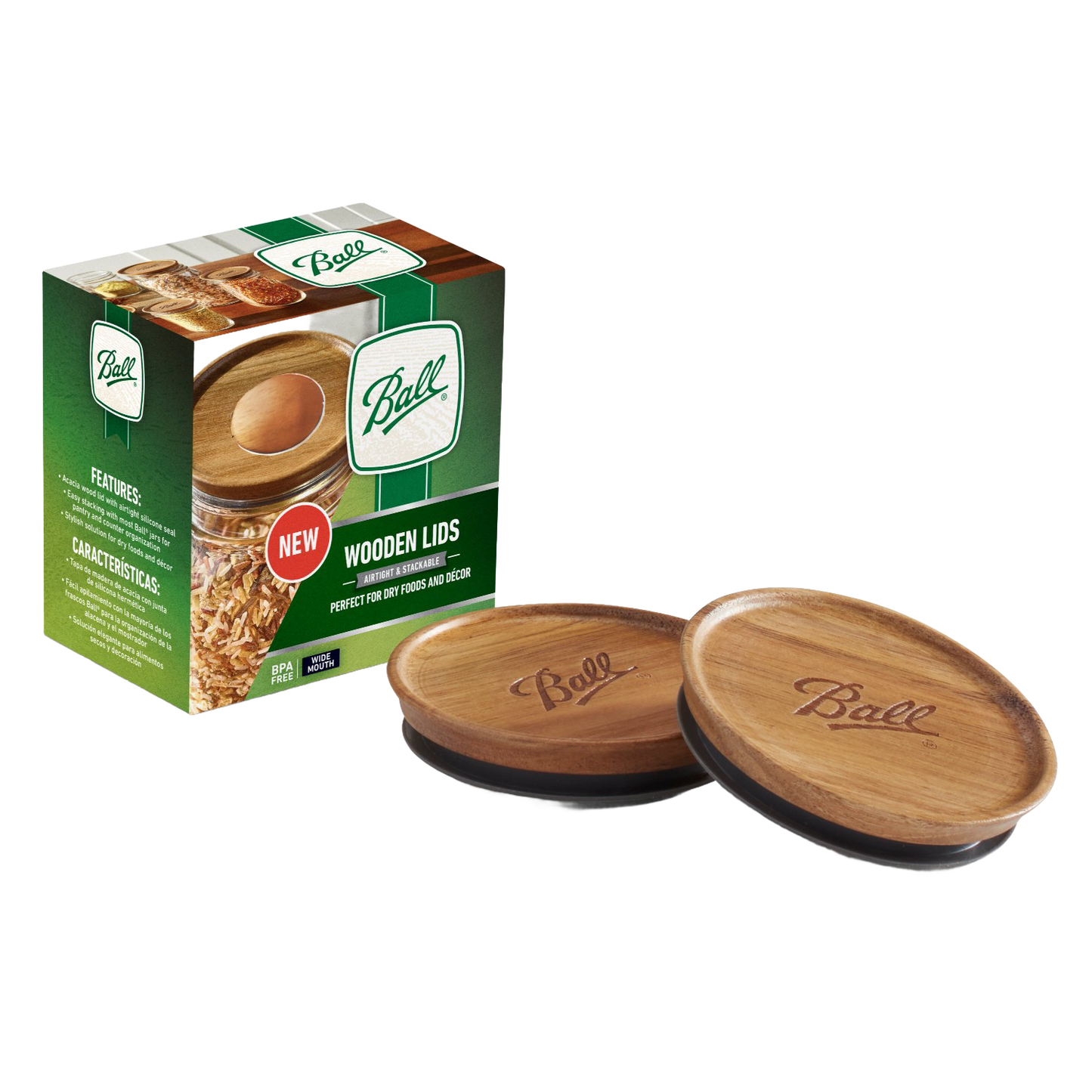 Set of two round wooden lids with Ball logo, designed for wide mouth jars in kitchenware and kitchen gadgets collections