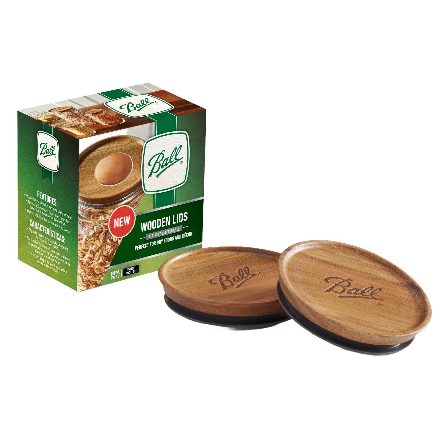 Set of two round wooden lids with Ball logo, designed for wide mouth jars in kitchenware and kitchen gadgets collections