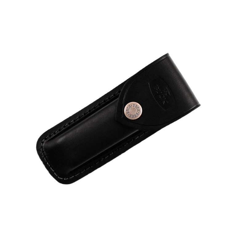 Black leather sheath with snap closure designed for secure storage of folding hunting knives under 100 dollars