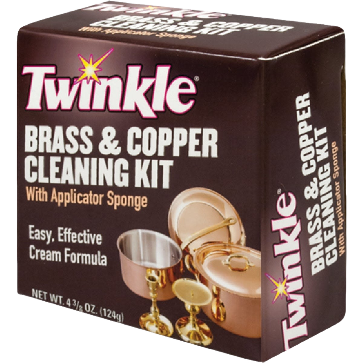 Twinkle kit in brown box for cleaning brass and copper, including applicator sponge, for home improvement use