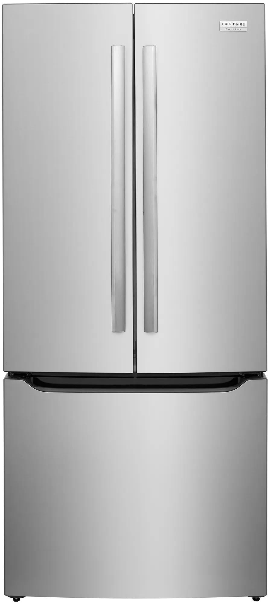 Modern stainless steel French door refrigerator with bottom freezer drawer for kitchen and appliance collections