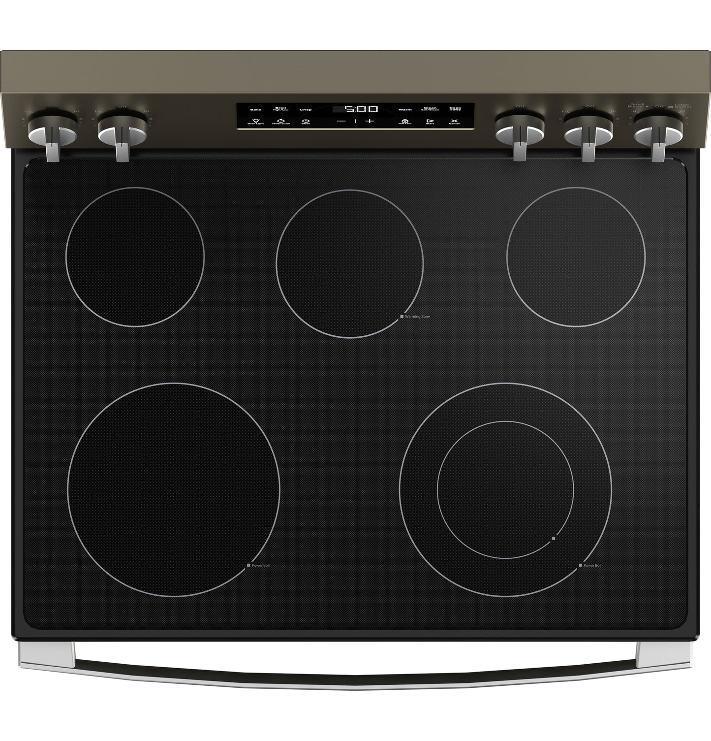 Top view of GE ENERGY STAR electric range with five black radiant burners and silver control knobs from Ranges collection