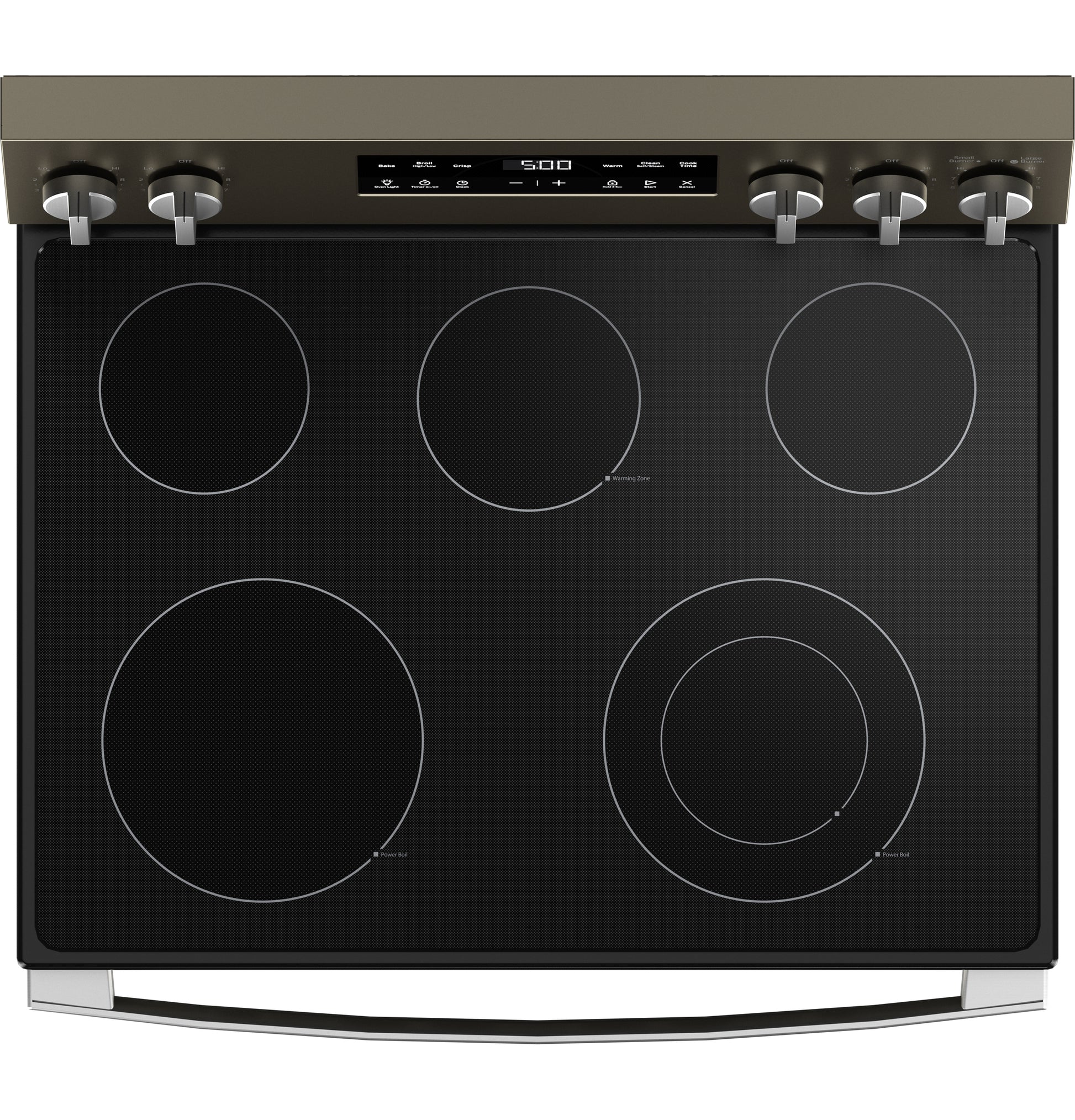 Top view of GE ENERGY STAR electric range with five black radiant burners and silver control knobs from Ranges collection