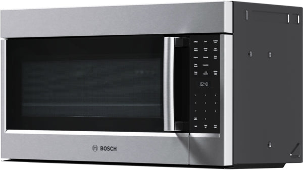 Stainless steel Bosch microwave with left side-opening door and digital touch controls from kitchen appliances collection