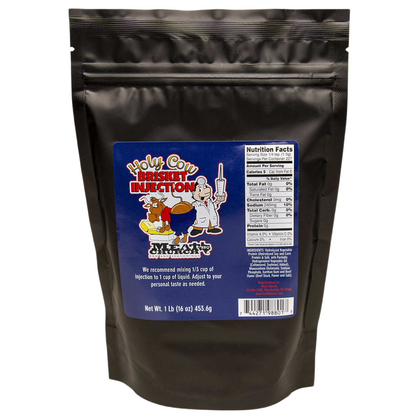 Resealable black pouch of BBQ brisket injection for enhanced flavor in grilling and outdoor cooking collections