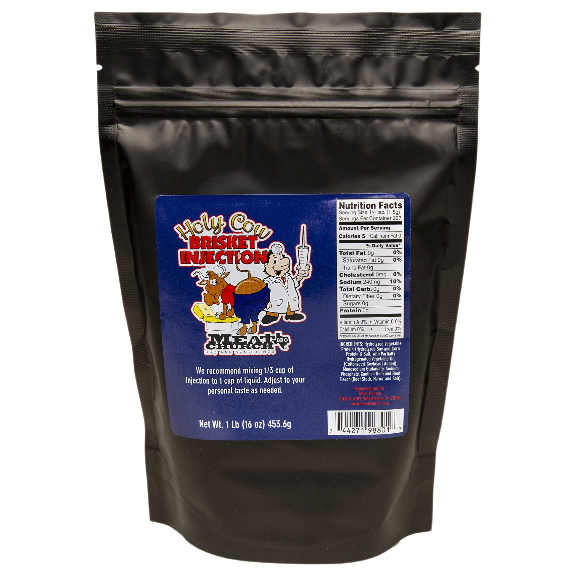 Resealable black pouch of BBQ brisket injection for enhanced flavor in grilling and outdoor cooking collections