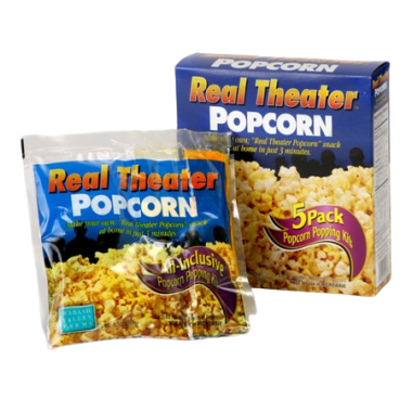 Box and bag of Real Theater Popcorn kit with 5-pack popcorn popping mix for Chips & Snacks under $50 collection