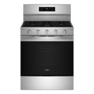 Front view of stainless steel 30-inch gas range with digital display, five control knobs, and black oven door from Ranges collection