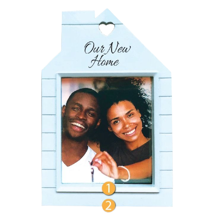 Light blue house-shaped frame ornament with "Our New Home" text and space for photo from Christmas Ornaments collection