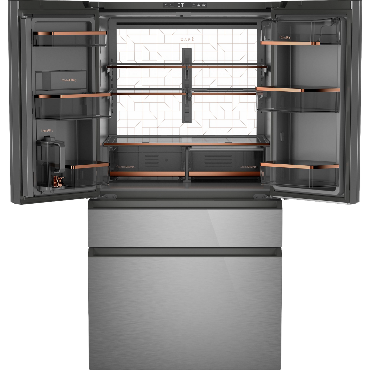 CAFÉ™ ENERGY STAR® 23.2 Cu. Ft. Smart Counter-Depth 4-Door French-Door Refrigerator in Platinum Glass With Dual-Dispense AutoFill Pitcher