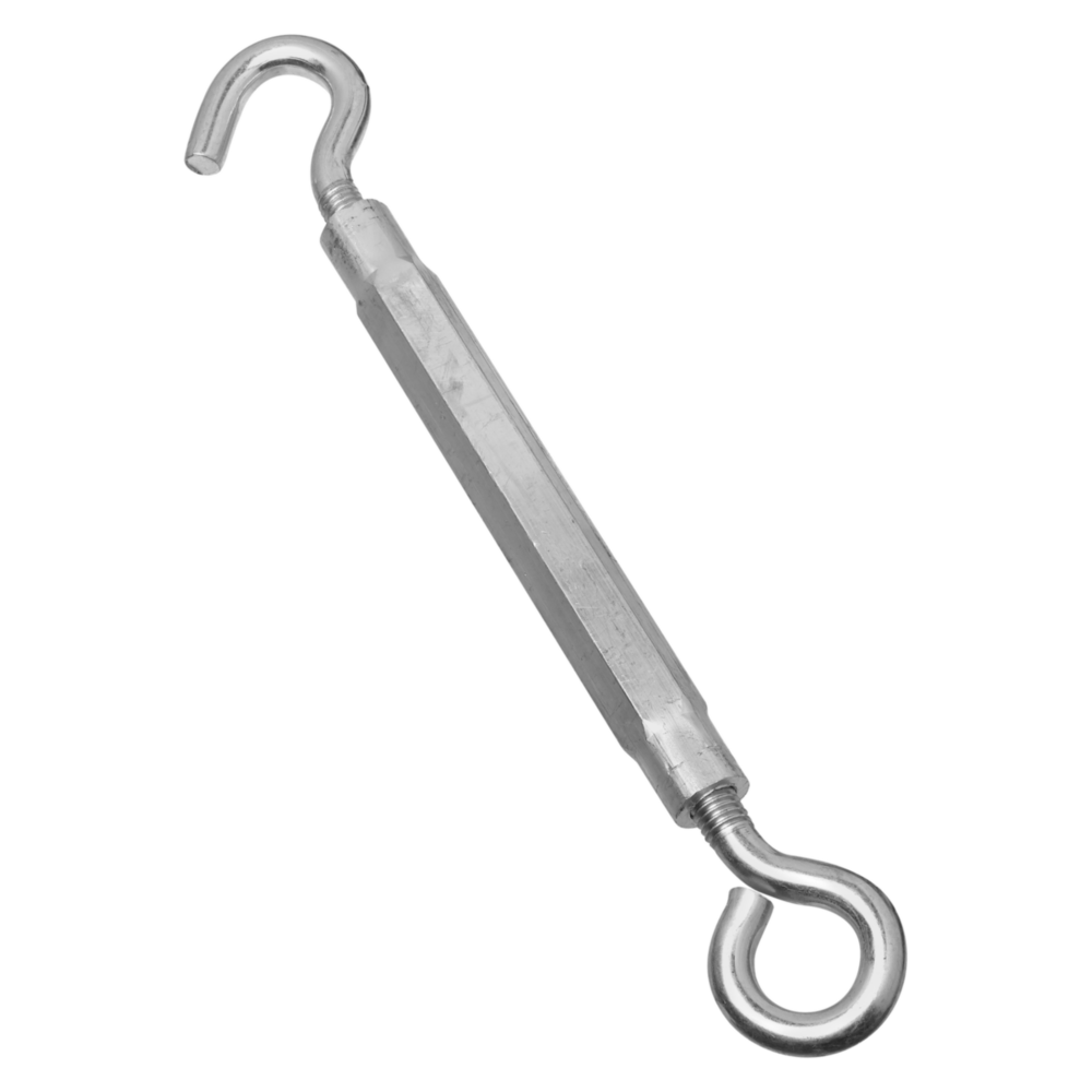 Zinc hook and eye turnbuckle with hex body for adjustable fastening in storage and garage organization under $50