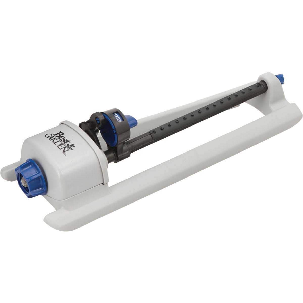 Blue and gray oscillating lawn sprinkler with adjustable spray pattern for watering up to 2,800 square feet