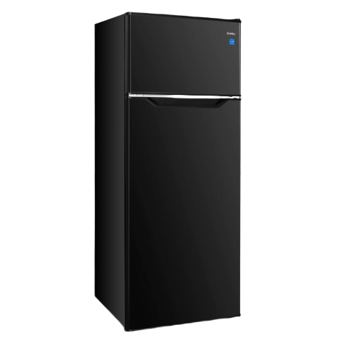 Black mid-size refrigerator with top freezer, manual defrost, and crisper with cover in kitchen and appliances collection