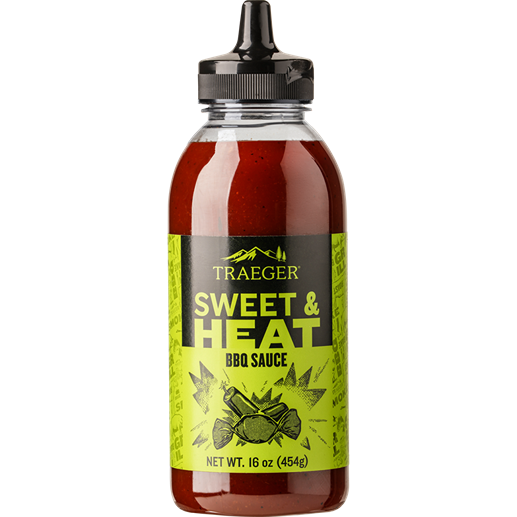 16 oz bottle of Traeger Sweet and Heat BBQ sauce with green label for grilling sauces and spices collections under $50