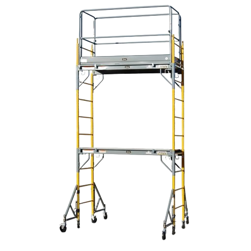 Tall metal scaffold with yellow ladder sides and safety rails, designed for indoor use, part of ladders and rental equipment at Hartville Hardware.