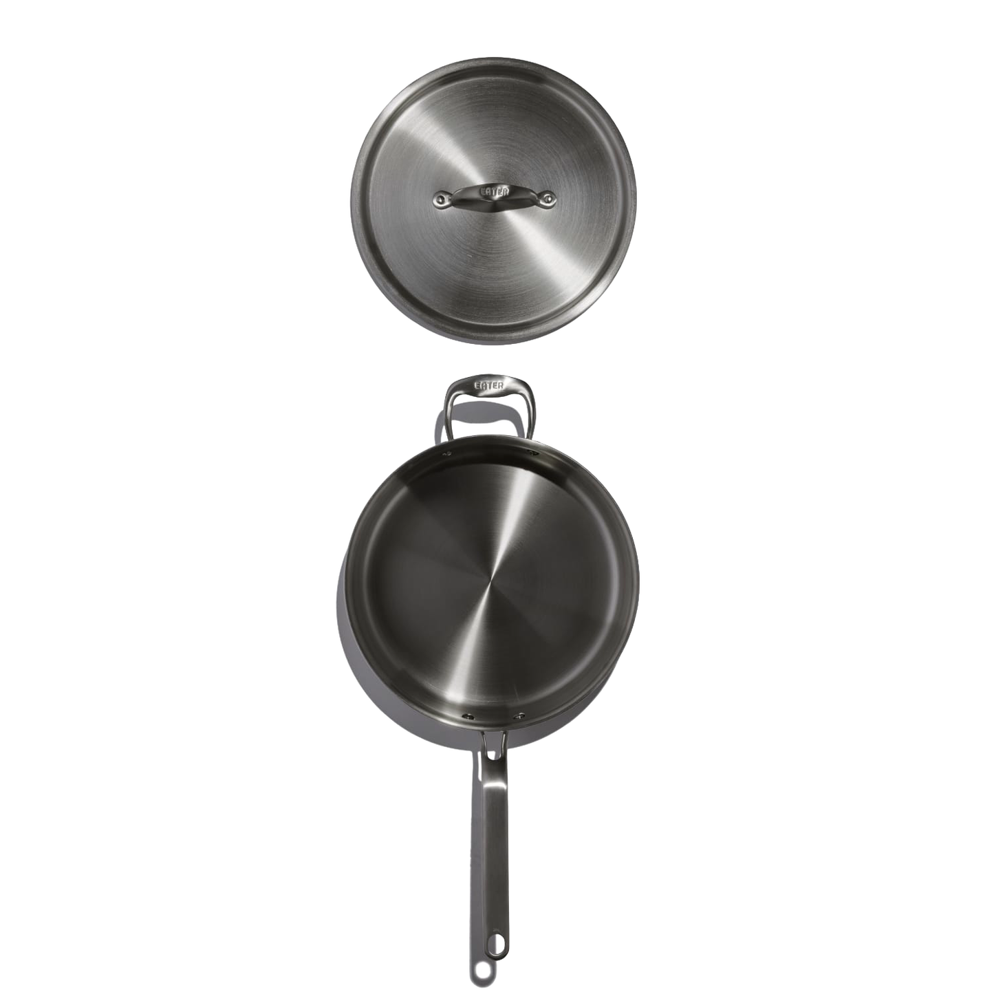 Top view of a fully clad 4-quart stainless steel sauté pan with a matching lid, from Kitchenware collections.