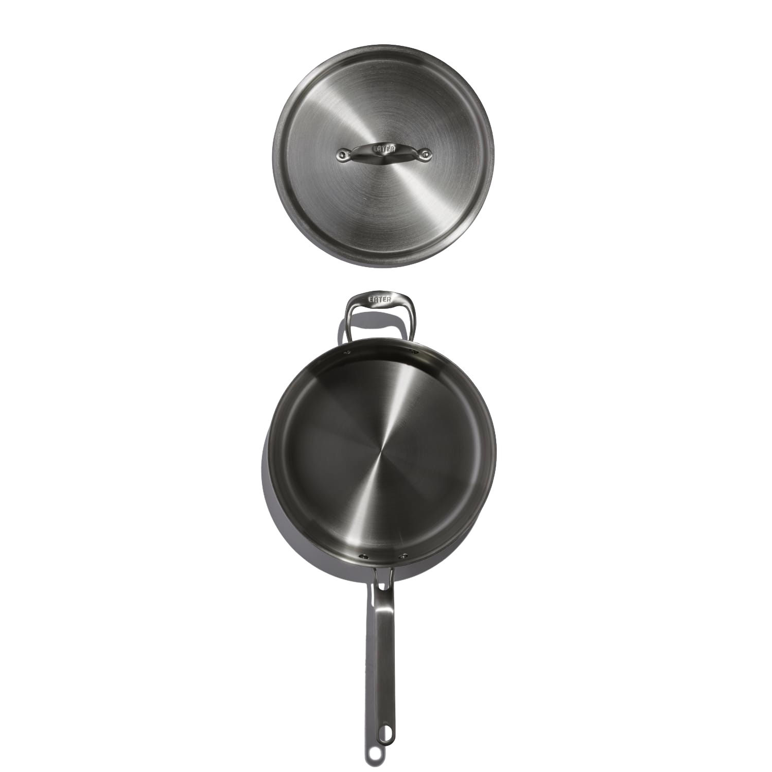 Top view of a fully clad 4-quart stainless steel sauté pan with a matching lid, from Kitchenware collections.