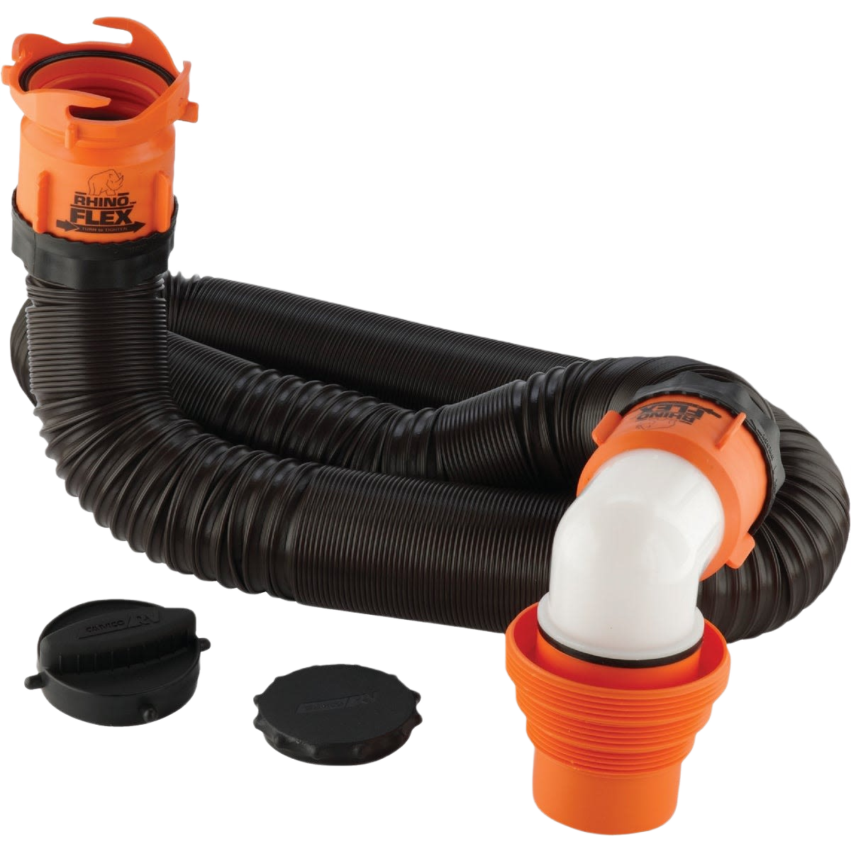 Flexible black RV sewer hose with orange connectors and white elbow joint for waste disposal tasks