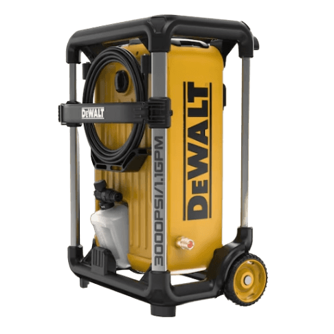 Compact yellow and black brushless electric pressure washer with hose and wheels for tools and home improvement tasks