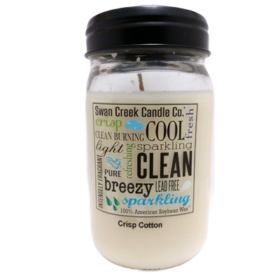Glass jar candle with black metal lid featuring crisp cotton scent, made from American soybean wax for home decor under $50 collection