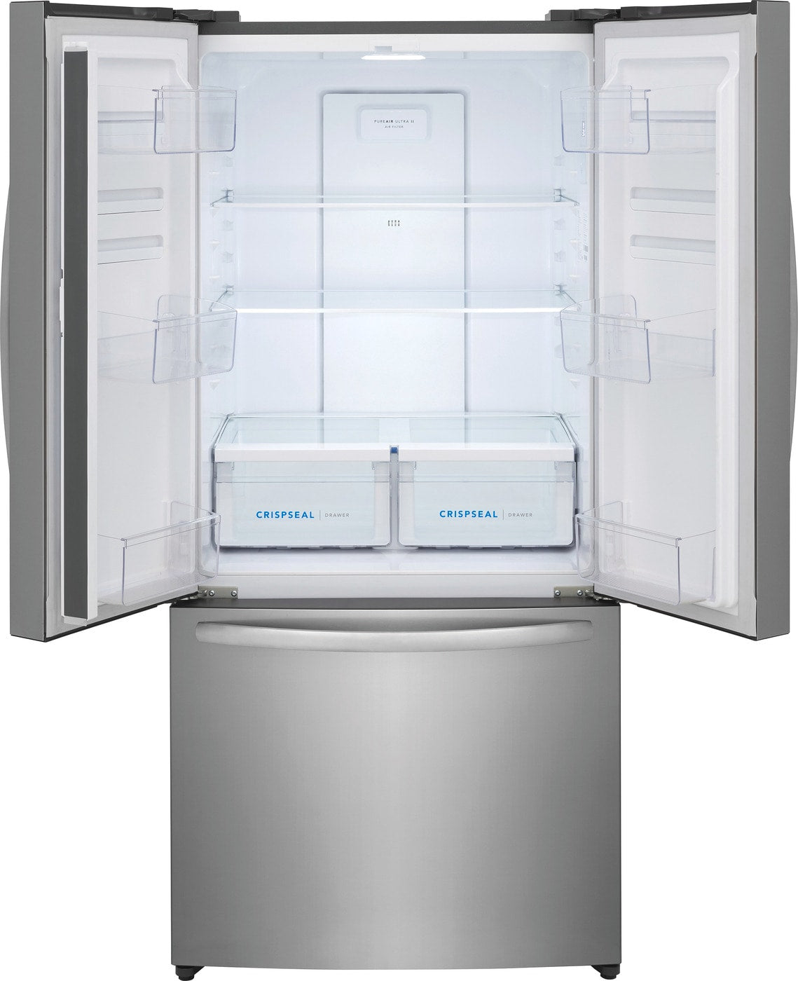 Open counter-depth French door refrigerator with spacious interior, clear CrispSeal® crispers, and bottom freezer drawer in appliance collection